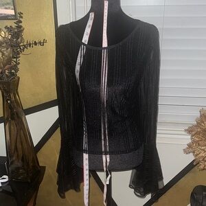 Fashion Nova Black Sheer Shimmer Long Sleeve Top with Bell Sleeves